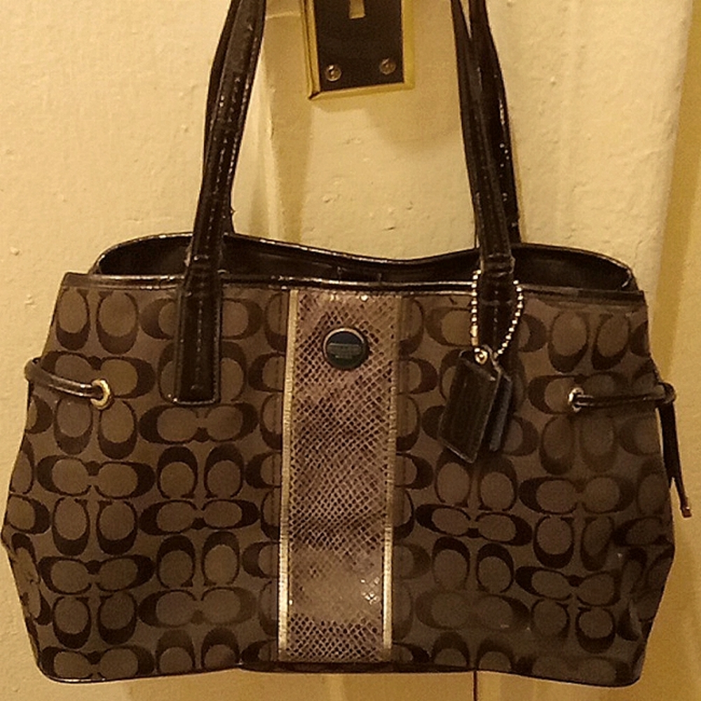 Coach, F24882 Black Signature Python Print Stripe Tote Bag